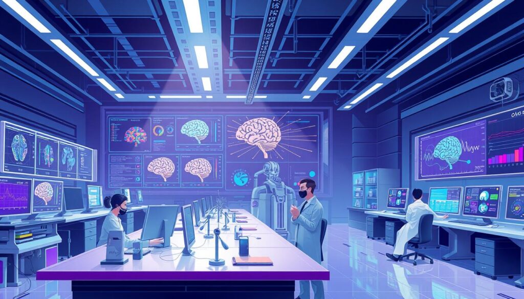 Futuristic AI laboratory testing consciousness theories with various neural network architectures Futuristic AI laboratory testing consciousness theories with various neural network architectures