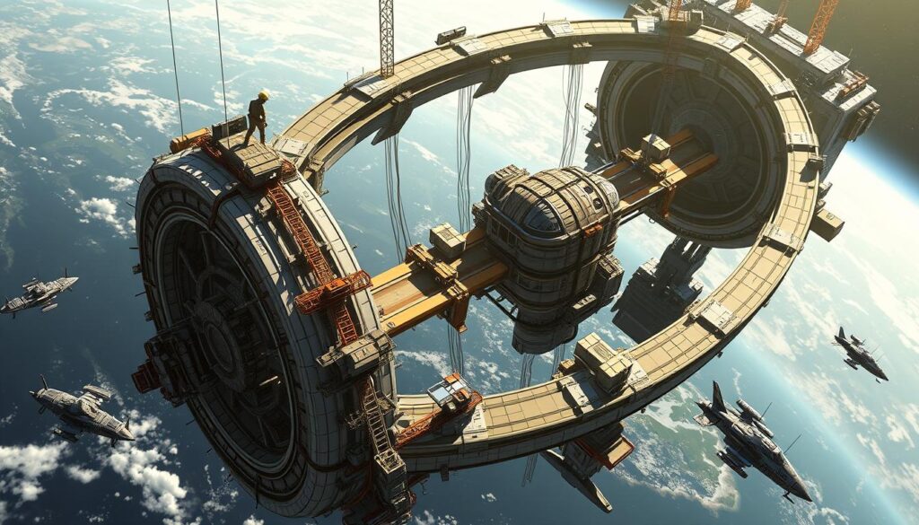 Futuristic vision of a large-scale space habitat being constructed by advanced robots with Earth visible in background Futuristic vision of a large-scale space habitat being constructed by advanced robots with Earth visible in background