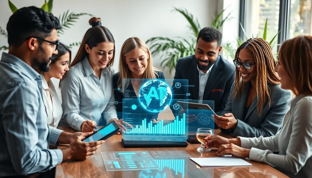 Group of diverse leaders using AI tools to enhance their guidance practices Group of diverse leaders using AI tools to enhance their guidance practices