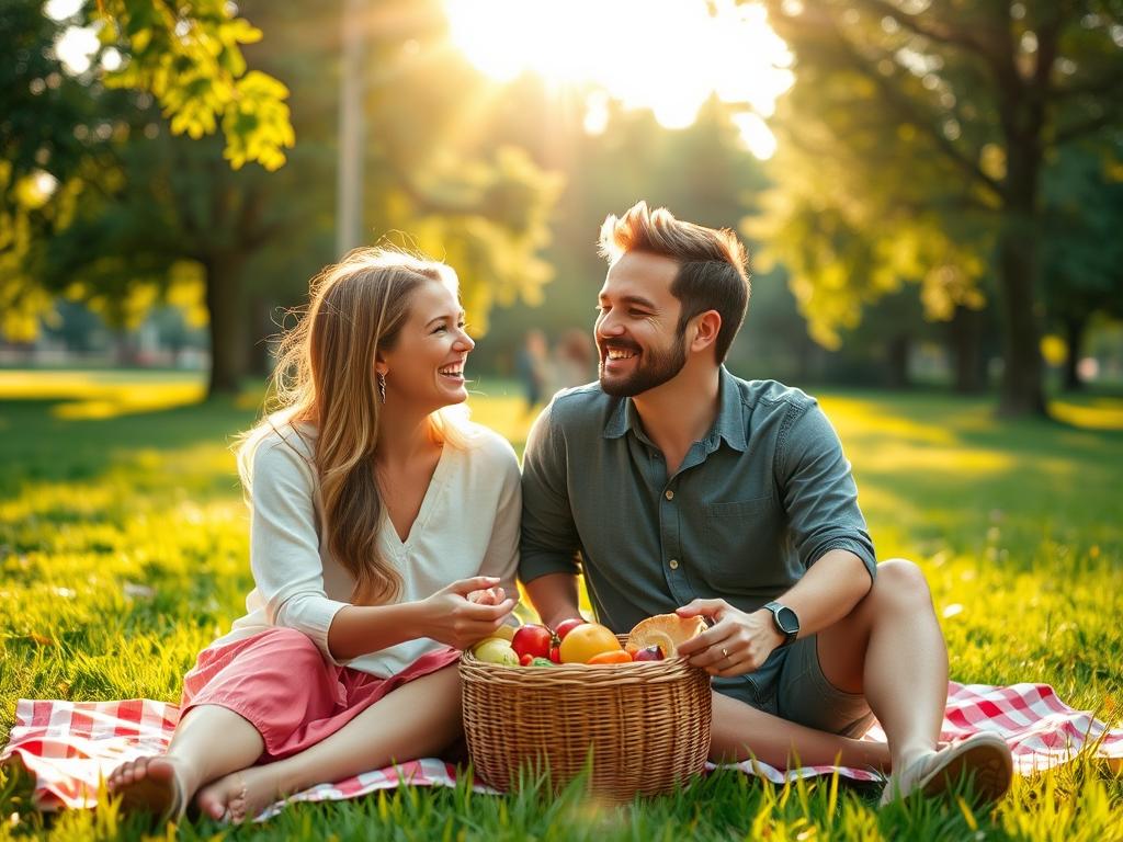 Happy couple enjoying quality time together in a park, showing the results of using Law of Attraction in relationships