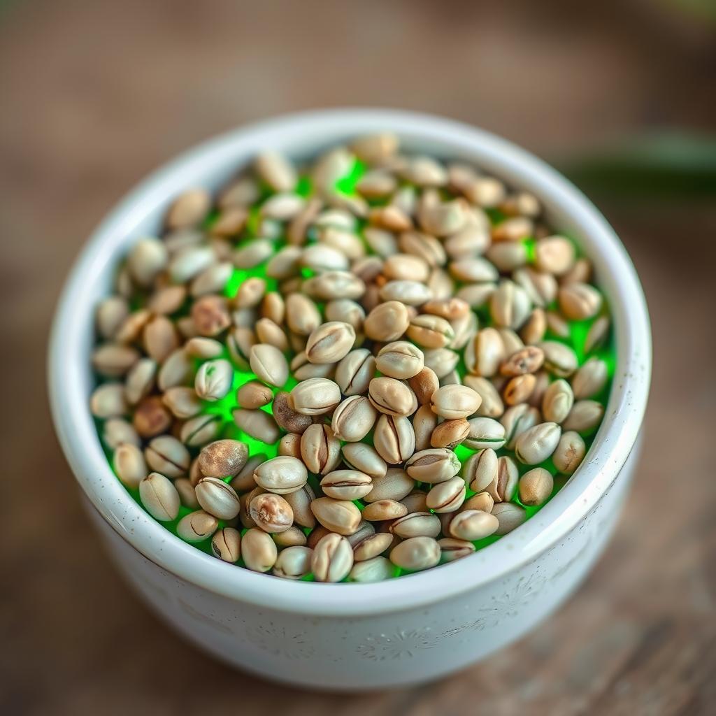 Hemp seeds glowing with green energy, representing their complete protein profile for plant-based nutrition for ascension Hemp seeds glowing with green energy, representing their complete protein profile for plant-based nutrition for ascension