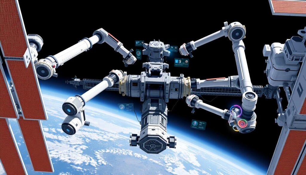 International Space Station with multiple robotic arms from different countries working together on a module installation International Space Station with multiple robotic arms from different countries working together on a module installation
