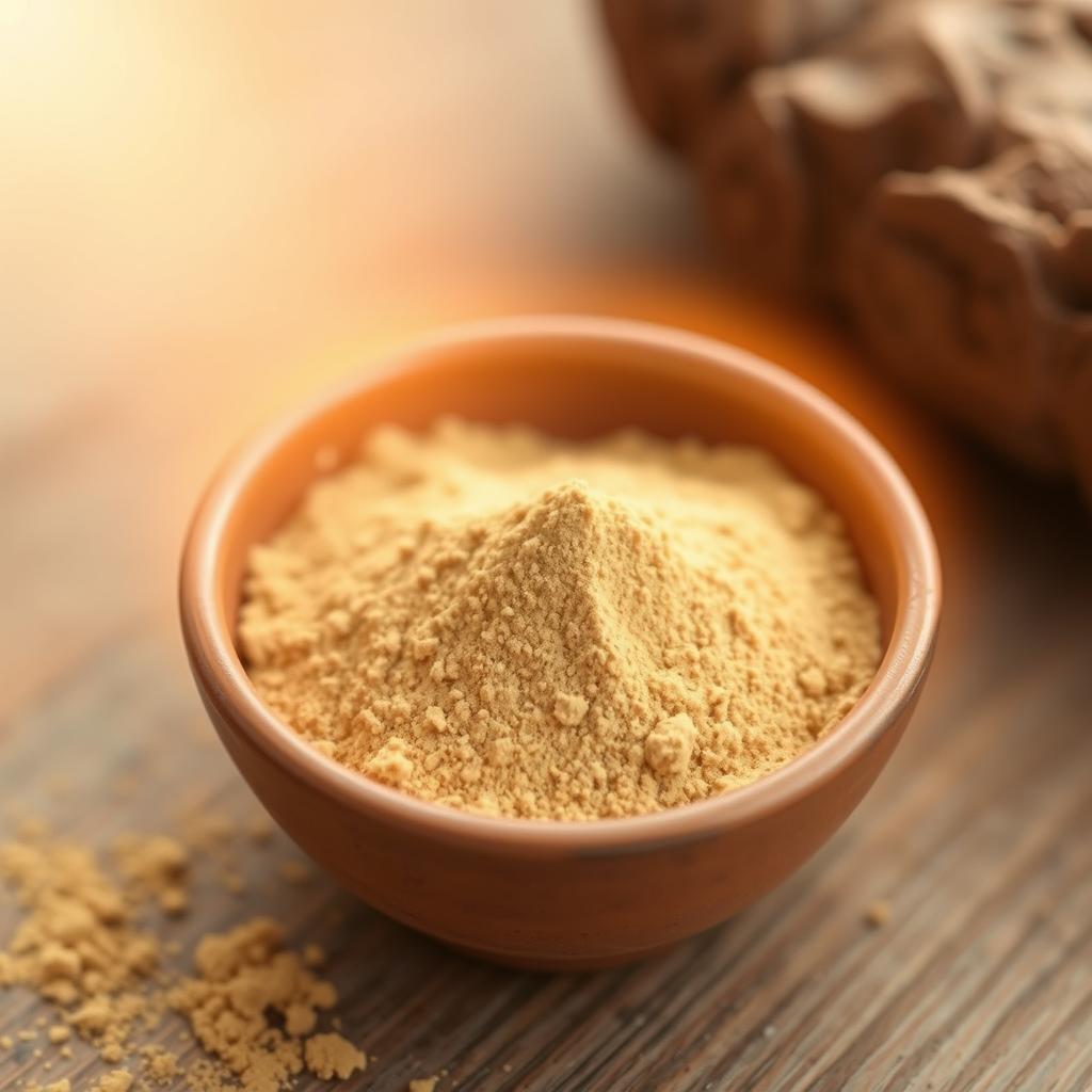 Maca root powder with a golden energy aura, showcasing its adaptogenic properties for spiritual nutrition Maca root powder with a golden energy aura, showcasing its adaptogenic properties for spiritual nutrition