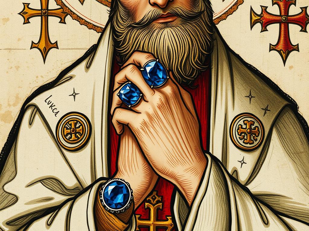 Medieval illustration of a bishop wearing a sapphire ring, showing historical use of Sapphire's Mystical Powers Medieval illustration of a bishop wearing a sapphire ring, showing historical use of Sapphire's Mystical Powers