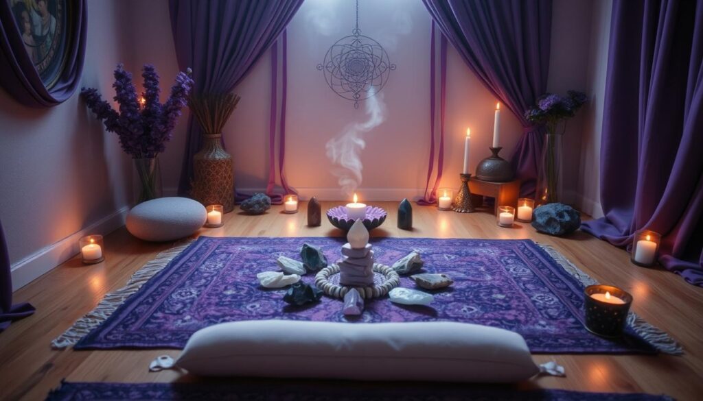 Meditation space with purple decor and crystals arranged for optimal Third Eye Crystal Activation Meditation space with purple decor and crystals arranged for optimal Third Eye Crystal Activation