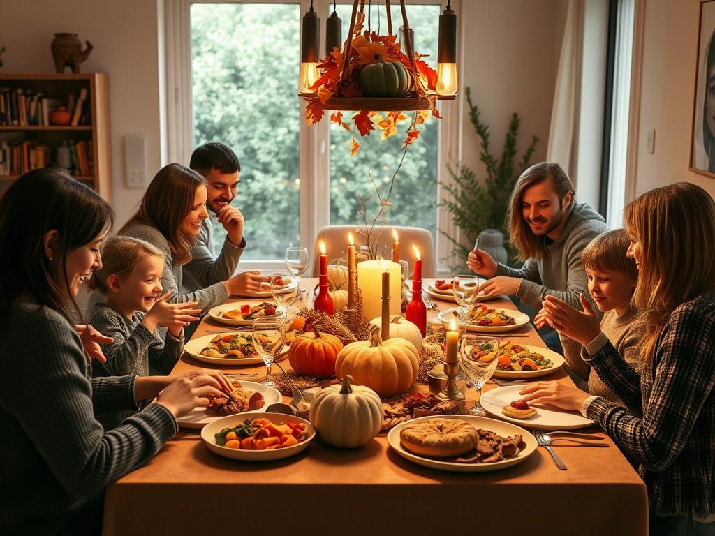 Modern family celebrating Autumn Equinox with seasonal decorations and harvest foods Modern family celebrating Autumn Equinox with seasonal decorations and harvest foods