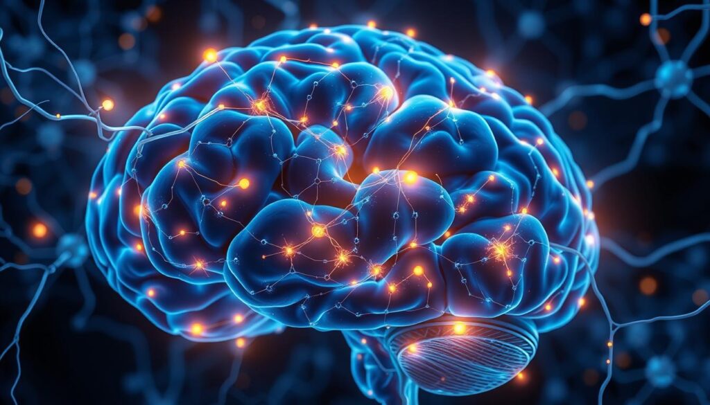 Neural network visualization representing how thoughts create physical pathways in the brain, scientific basis for Law of Attraction