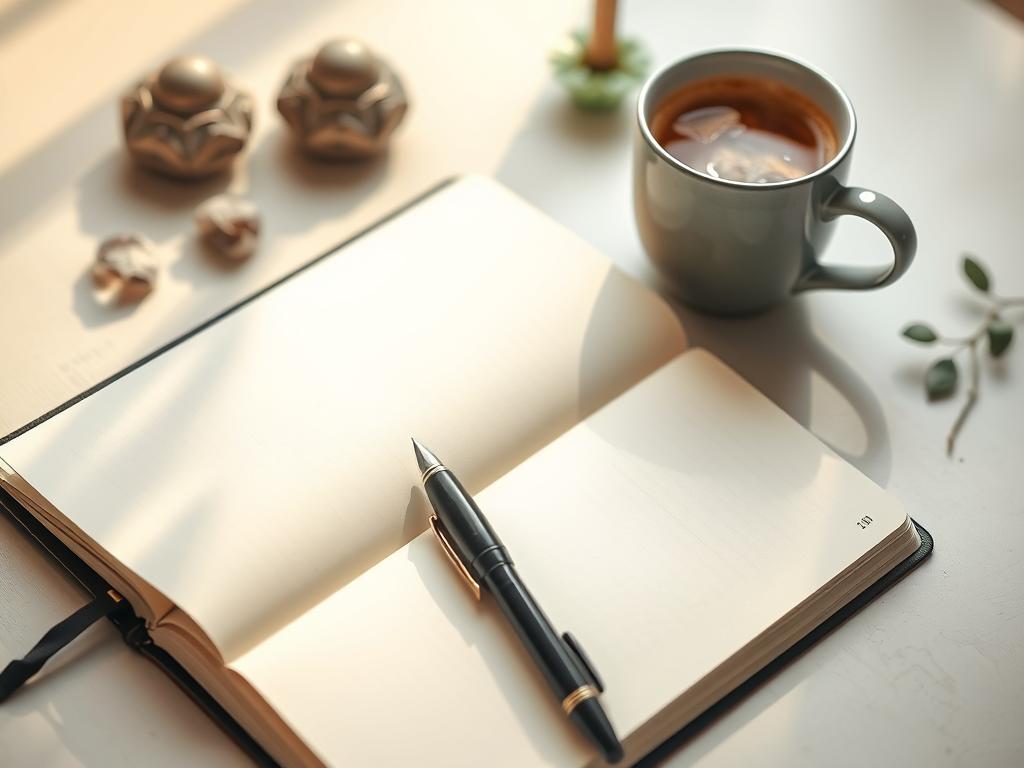 Open journal with pen and coffee cup, ready for Law of Attraction journaling practice