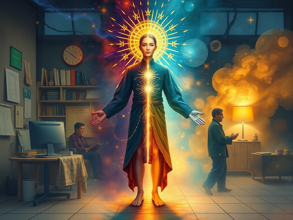 Person balancing spiritual and material worlds, with one foot in cosmic reality and one in everyday life, representing the integration stage of spiritual ascension
