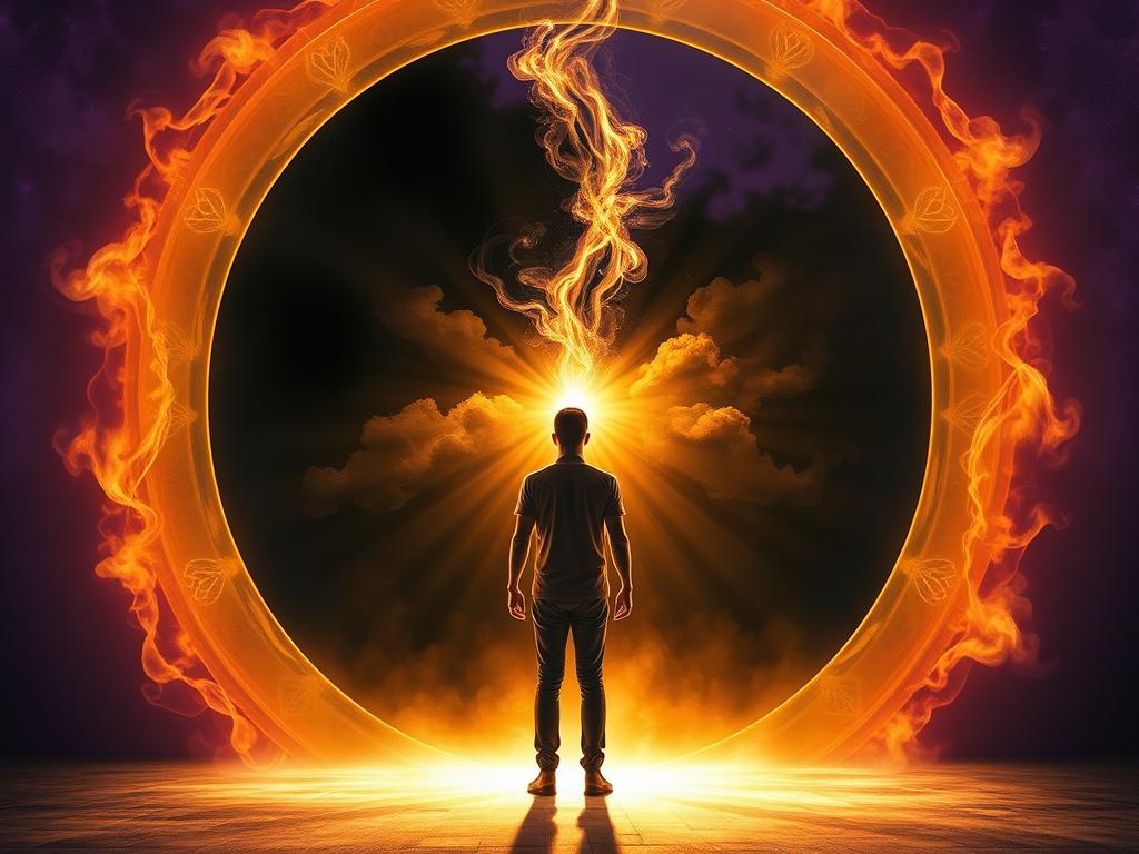 Person confronting their shadow self in a mirror-like reflection, with dark aspects being transformed into light, symbolizing the purification stage of spiritual ascension