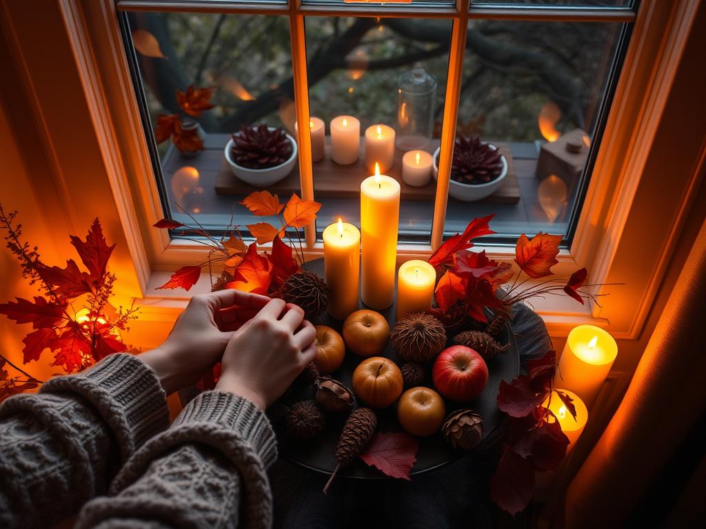 Person creating an Autumn Equinox altar with seasonal items and candles Person creating an Autumn Equinox altar with seasonal items and candles