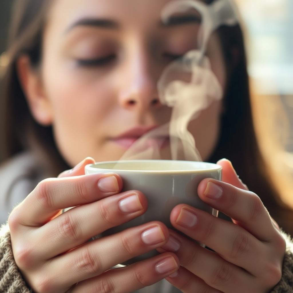 Person demonstrating mindful moment with morning coffee, showing daily mindfulness for busy ascenders
