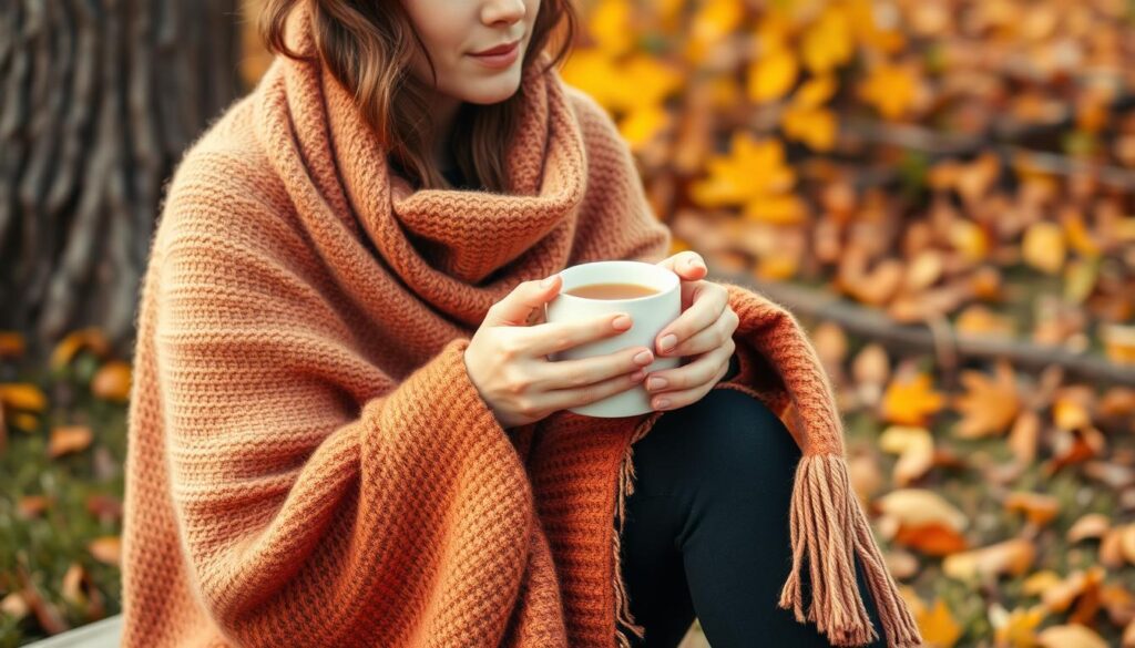 Person enjoying tea outdoors during fall for chakra balancing Person enjoying tea outdoors during fall for chakra balancing