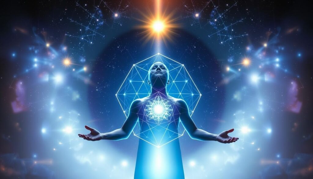 Person experiencing illumination with light emanating from within, surrounded by geometric patterns and symbols of unity consciousness, representing stage 4 of spiritual ascension