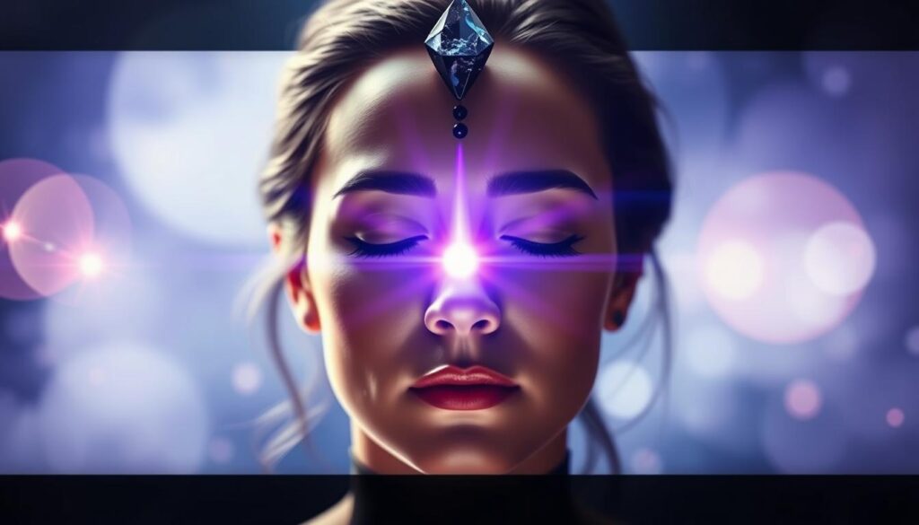 Person experiencing third eye activation with visible indigo aura during Third Eye Crystal Activation Person experiencing third eye activation with visible indigo aura during Third Eye Crystal Activation