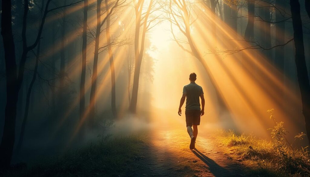 Person following an illuminated path through a forest, symbolizing inspired action in the Law of Attraction process