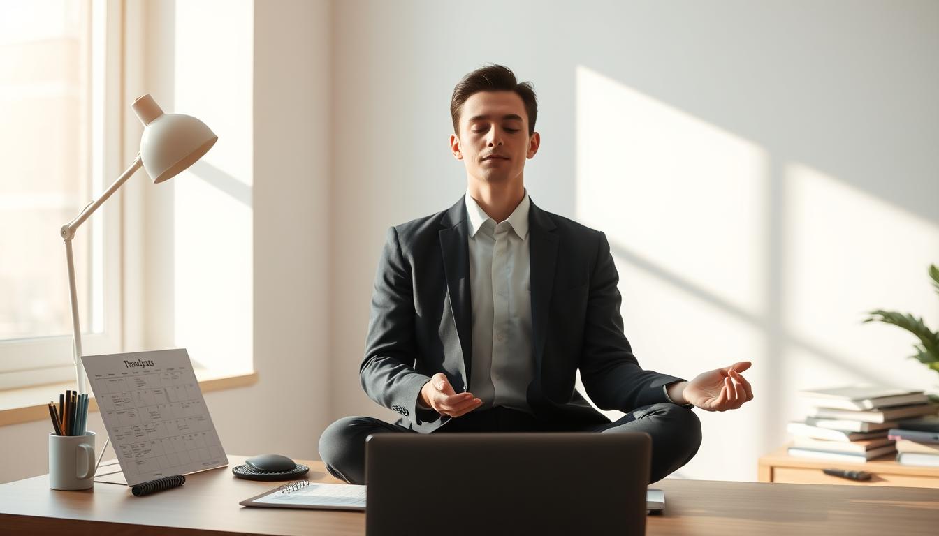 Person meditating briefly during a busy workday, demonstrating daily mindfulness for busy ascenders