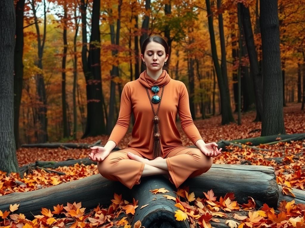 Person meditating outdoors during fall for chakra balancing Person meditating outdoors during fall for chakra balancing