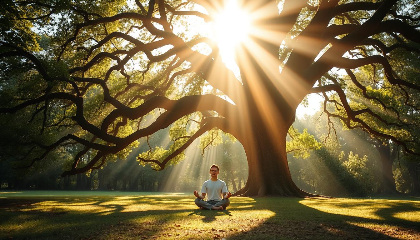 Person meditating under a tree during forest bathing session for grounding rituals for high-vibe living