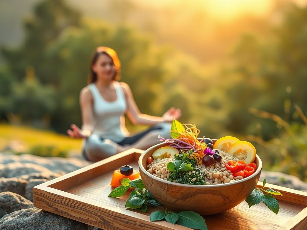 Person meditating with a plant-based meal nearby, showing the connection between nutrition and spiritual practice Person meditating with a plant-based meal nearby, showing the connection between nutrition and spiritual practice