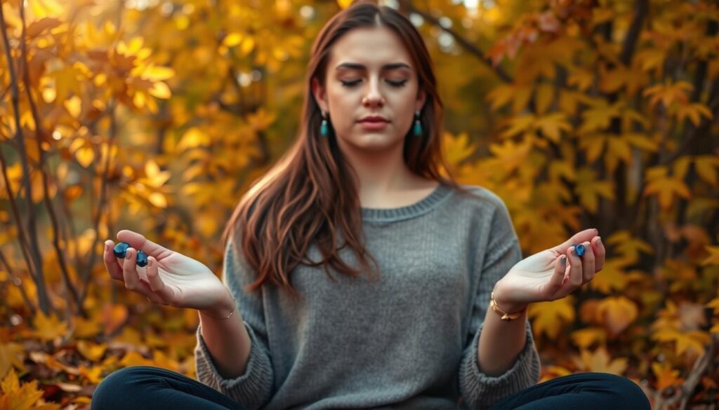 Person meditating with sapphire stones in a fall setting, demonstrating modern use of Sapphire's Mystical Powers Person meditating with sapphire stones in a fall setting, demonstrating modern use of Sapphire's Mystical Powers