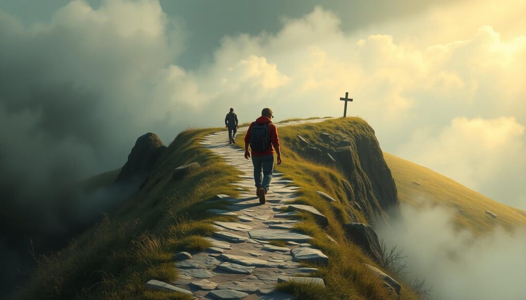 Person navigating challenges on the spiritual ascension path, showing both obstacles and support