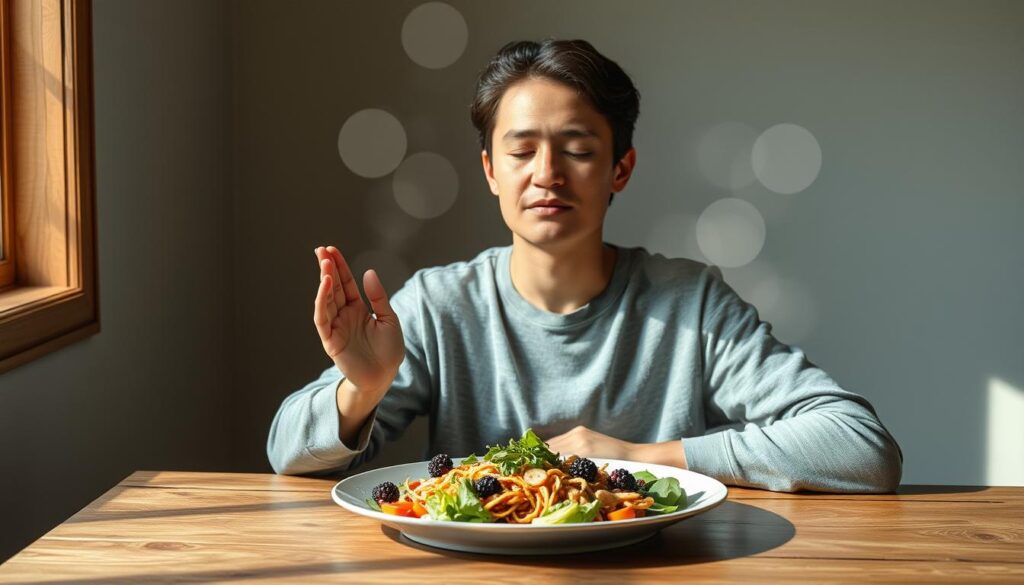 Person practicing mindful eating with a plant-based meal, surrounded by a subtle energy field for plant-based nutrition for ascension Person practicing mindful eating with a plant-based meal, surrounded by a subtle energy field for plant-based nutrition for ascension