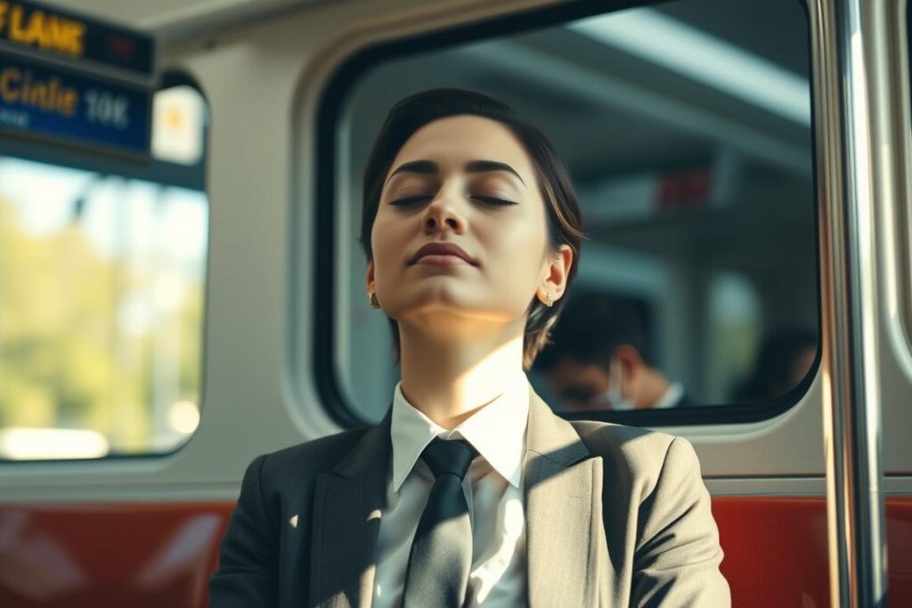 Person practicing mindfulness during commute, demonstrating daily mindfulness for busy ascenders