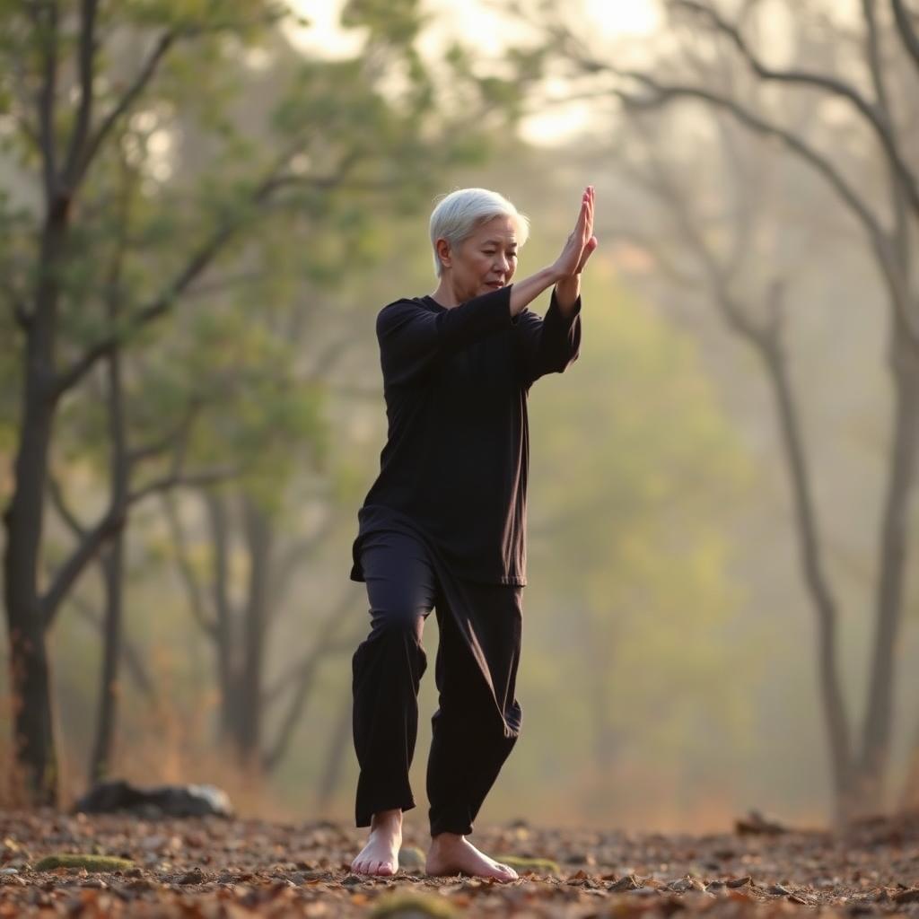 Person practicing qigong movements to enhance body's energy flow