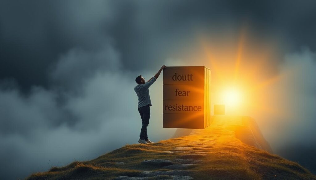 Person removing symbolic blocks from their path, representing overcoming obstacles to manifestation