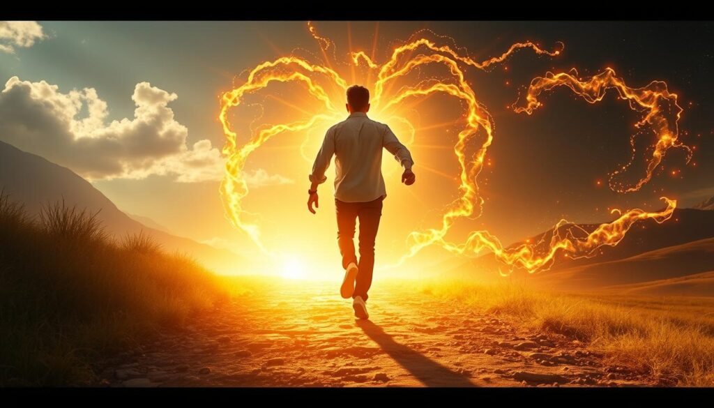 Person taking a confident step forward on a path illuminated with manifestation energy, representing Law of Attraction in Action
