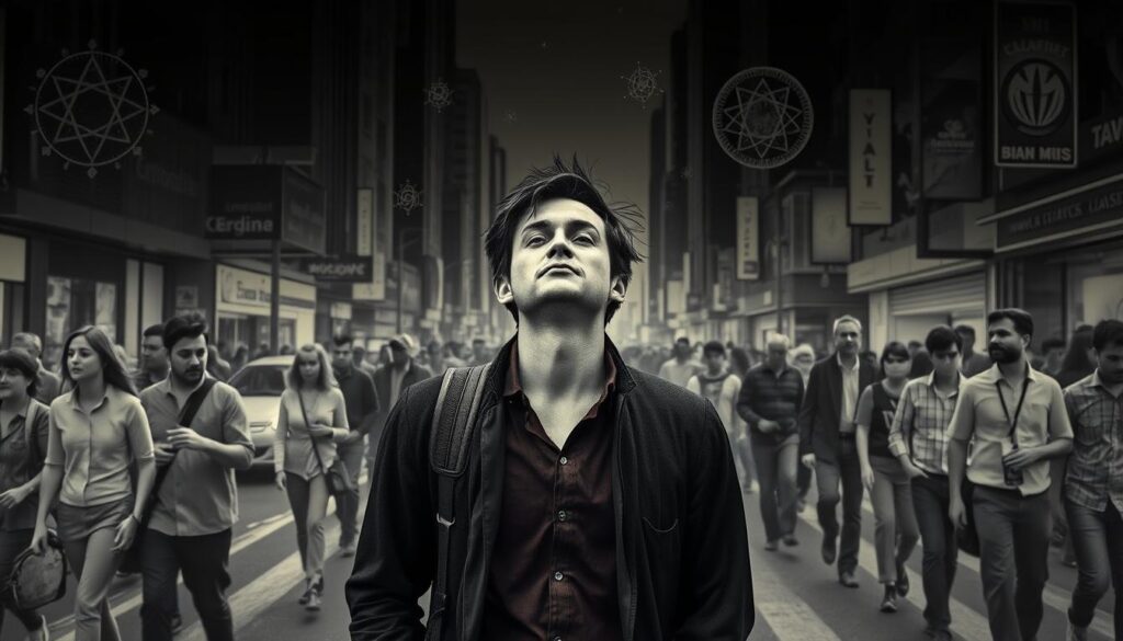 Person walking through a crowded city street with a dreamy, disconnected expression while everyone around them appears in grayscale, symbolizing the dormancy stage of spiritual ascension