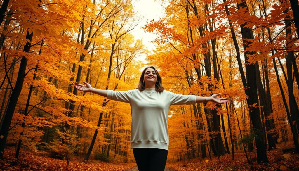 Person with arms outstretched in fall forest celebrating chakra balance Person with arms outstretched in fall forest celebrating chakra balance
