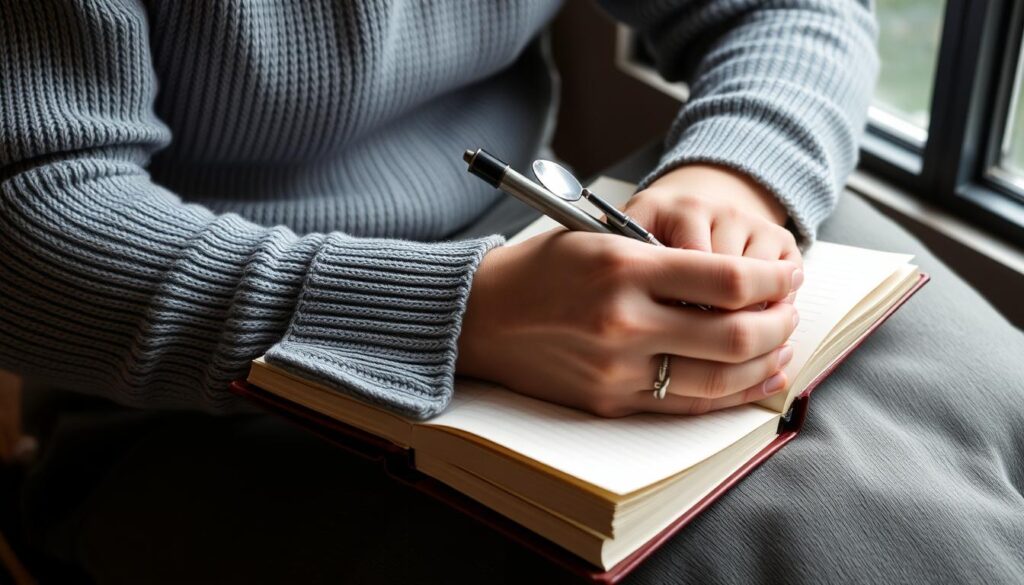Person writing in gratitude journal as part of Dr. Jim Doty manifestation techniques Person writing in gratitude journal as part of Dr. Jim Doty manifestation techniques