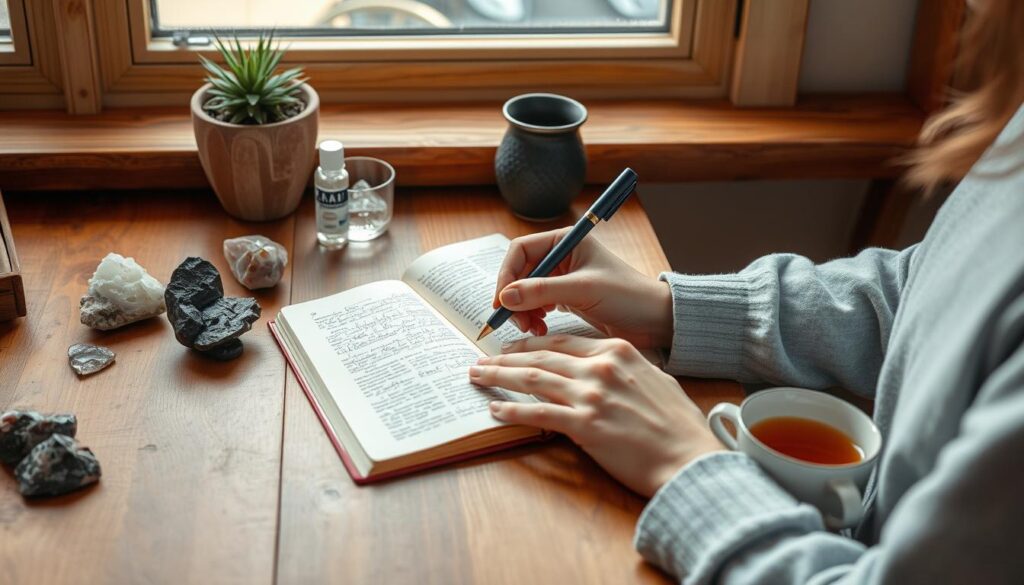 Person writing in journal next to grounding tools for high-vibe living rituals