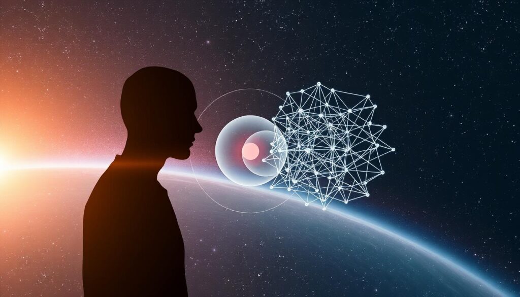 Philosophical representation of AI and human consciousness merging in cosmic exploration, with neural network patterns overlaid on space background Philosophical representation of AI and human consciousness merging in cosmic exploration, with neural network patterns overlaid on space background