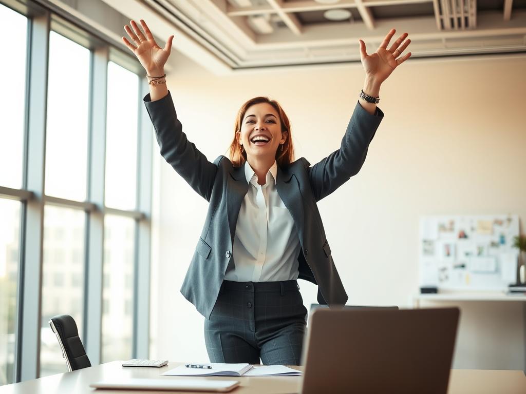 Professional woman celebrating success in a modern office, demonstrating Law of Attraction in action for career manifestation
