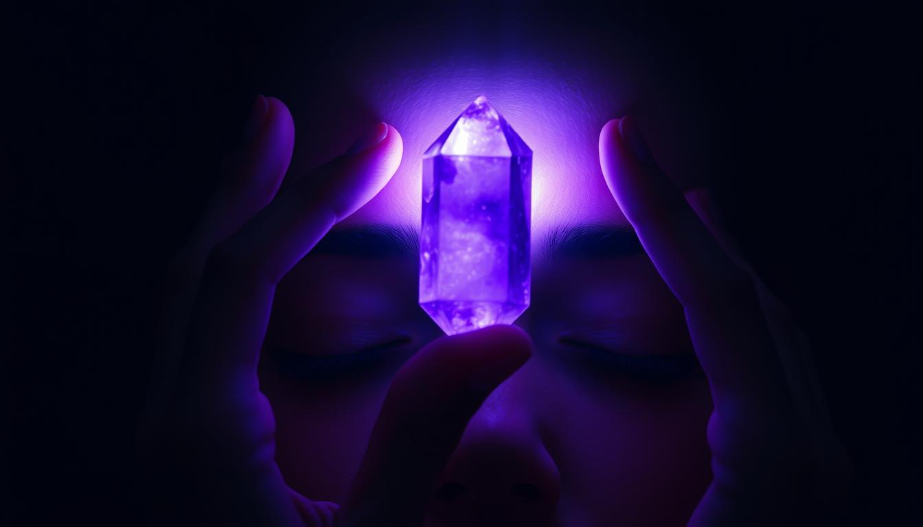 Purple Amethyst crystal glowing with indigo light positioned on a person's third eye chakra for Third Eye Crystal Activation