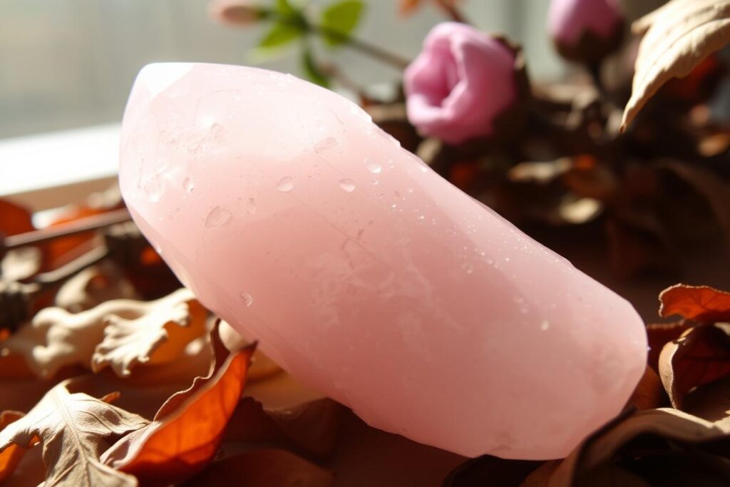Rose quartz crystal for heart chakra balancing during fall Rose quartz crystal for heart chakra balancing during fall
