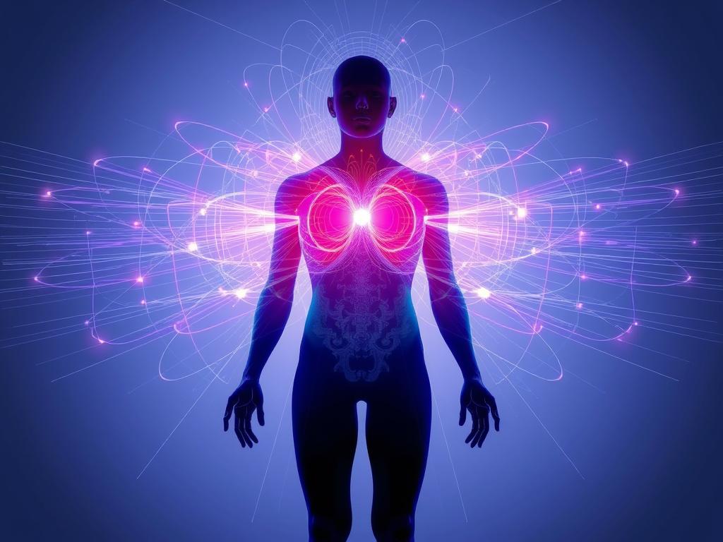 Scientific visualization of the human biofield showing the body's energy flow patterns