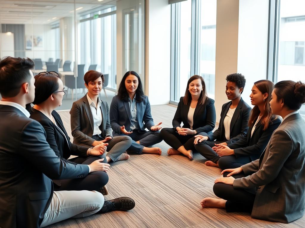 Small group of professionals in a brief mindfulness circle, showing community aspect of daily mindfulness for busy ascenders
