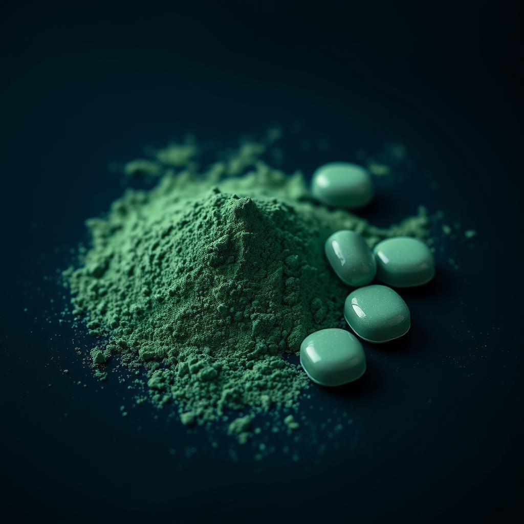 Spirulina powder and tablets with a blue-green glow representing its high vibrational energy for plant-based nutrition for ascension Spirulina powder and tablets with a blue-green glow representing its high vibrational energy for plant-based nutrition for ascension