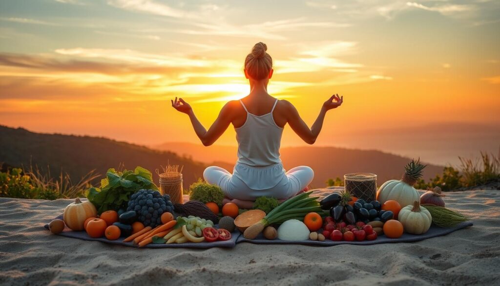 Sunset meditation scene with person surrounded by plant foods, symbolizing the integration of plant-based nutrition for ascension and spiritual practice Sunset meditation scene with person surrounded by plant foods, symbolizing the integration of plant-based nutrition for ascension and spiritual practice