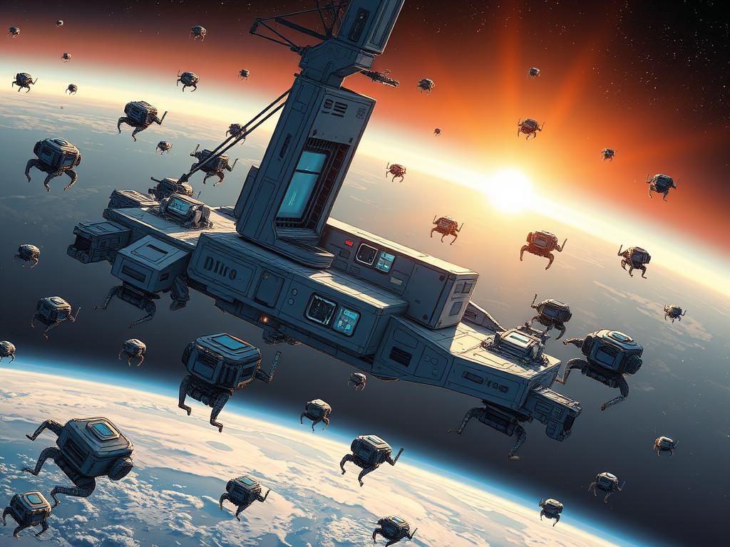 Swarm of small autonomous robots working together to build a space habitat, demonstrating AI-driven collaborative robotics in space Swarm of small autonomous robots working together to build a space habitat, demonstrating AI-driven collaborative robotics in space
