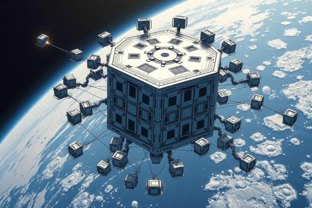 Swarm of small robots collaboratively constructing a space station module, showing emergent intelligence patterns Swarm of small robots collaboratively constructing a space station module, showing emergent intelligence patterns