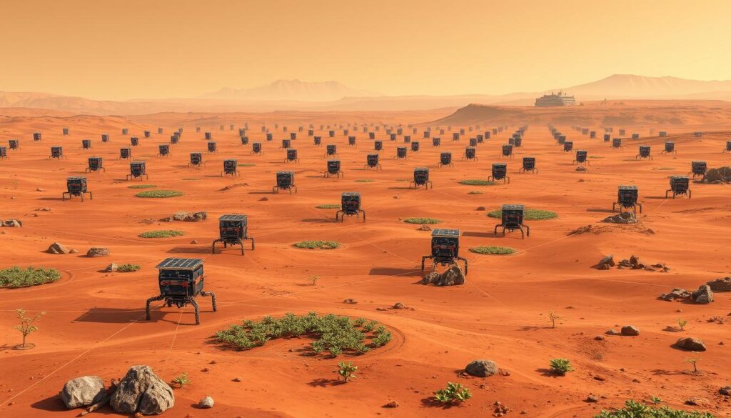 Terraforming robots deploying atmospheric processors on Mars surface with visible environmental changes Terraforming robots deploying atmospheric processors on Mars surface with visible environmental changes