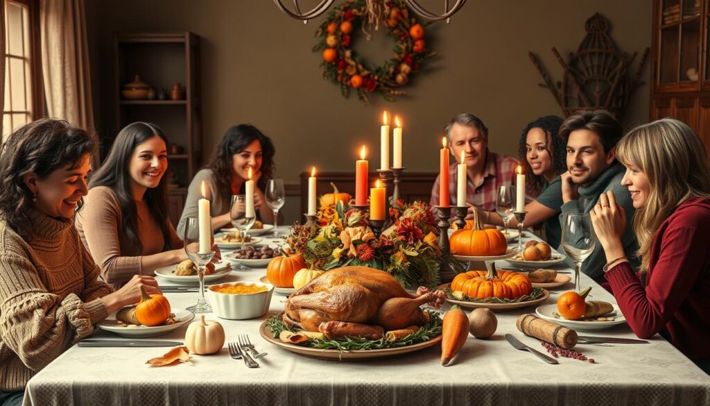 Thanksgiving table with both traditional and pagan-inspired harvest elements Thanksgiving table with both traditional and pagan-inspired harvest elements