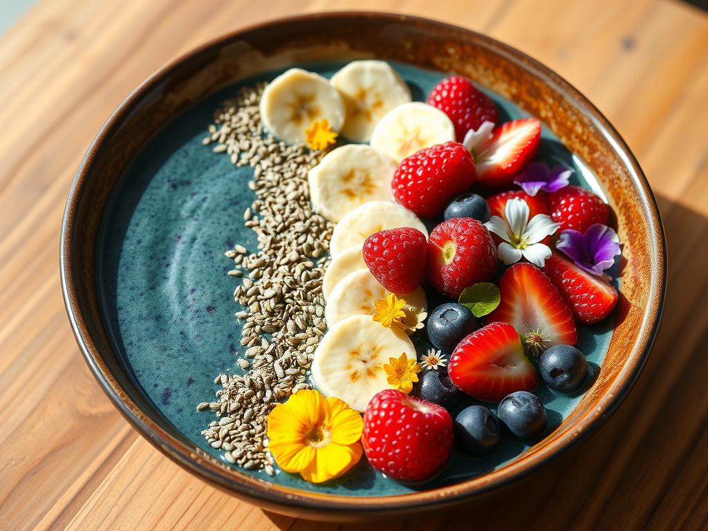 Vibrant smoothie bowl with spirulina, berries, and adaptogens topped with edible flowers for plant-based nutrition for ascension Vibrant smoothie bowl with spirulina, berries, and adaptogens topped with edible flowers for plant-based nutrition for ascension