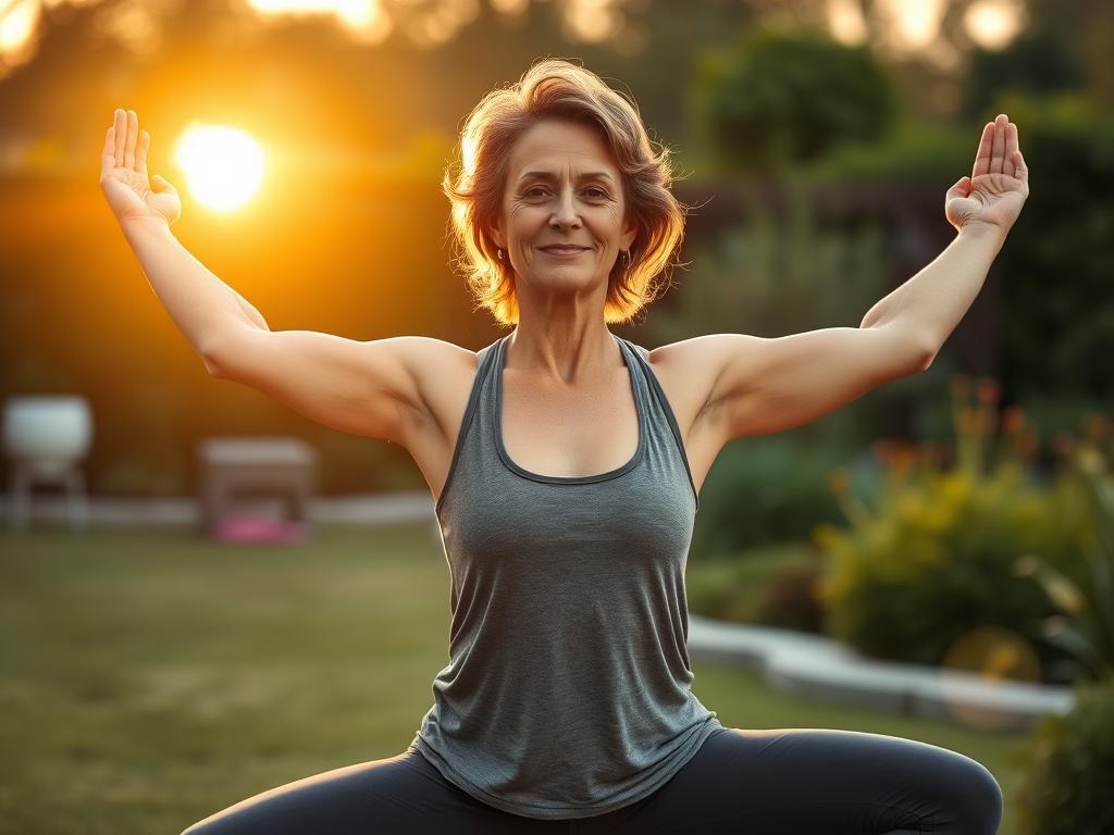 Woman practicing yoga outdoors, demonstrating health transformation through Law of Attraction principles