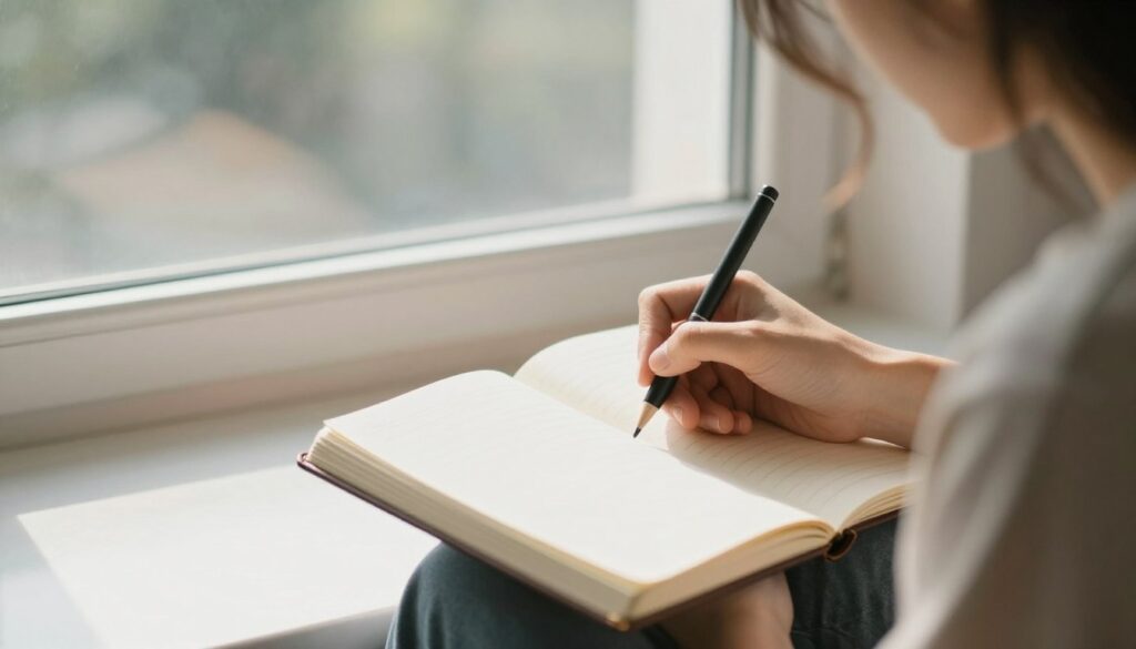 person journaling by window representing self-reflection